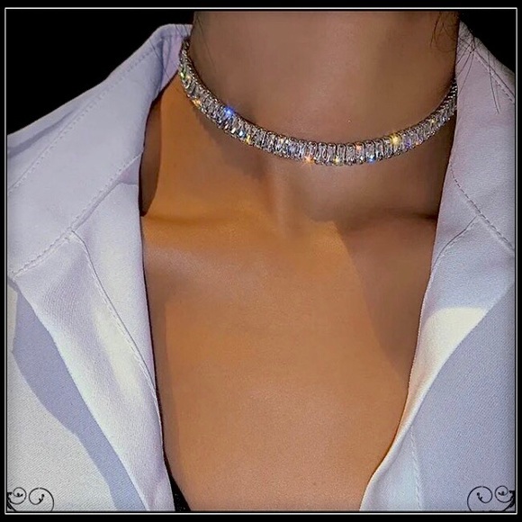 BAGUETTE CUT SQUARE SIMULATED DIAMOND CHOKER TENNIS 14k WHITE GOLD NECKLACE - Picture 3 of 6